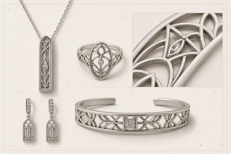 Generated House Moonwood jewelry board with openwork necklace, ring, earrings, bracelet, and macro detail