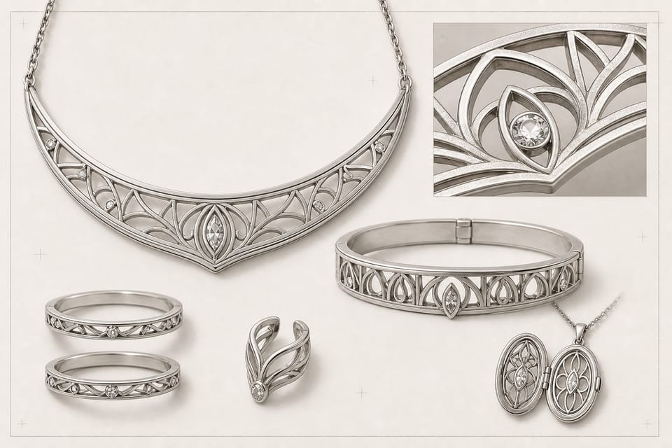 Generated House Moonwood jewelry board with collar necklace, locket, bangle, bands, ear cuff, and detail