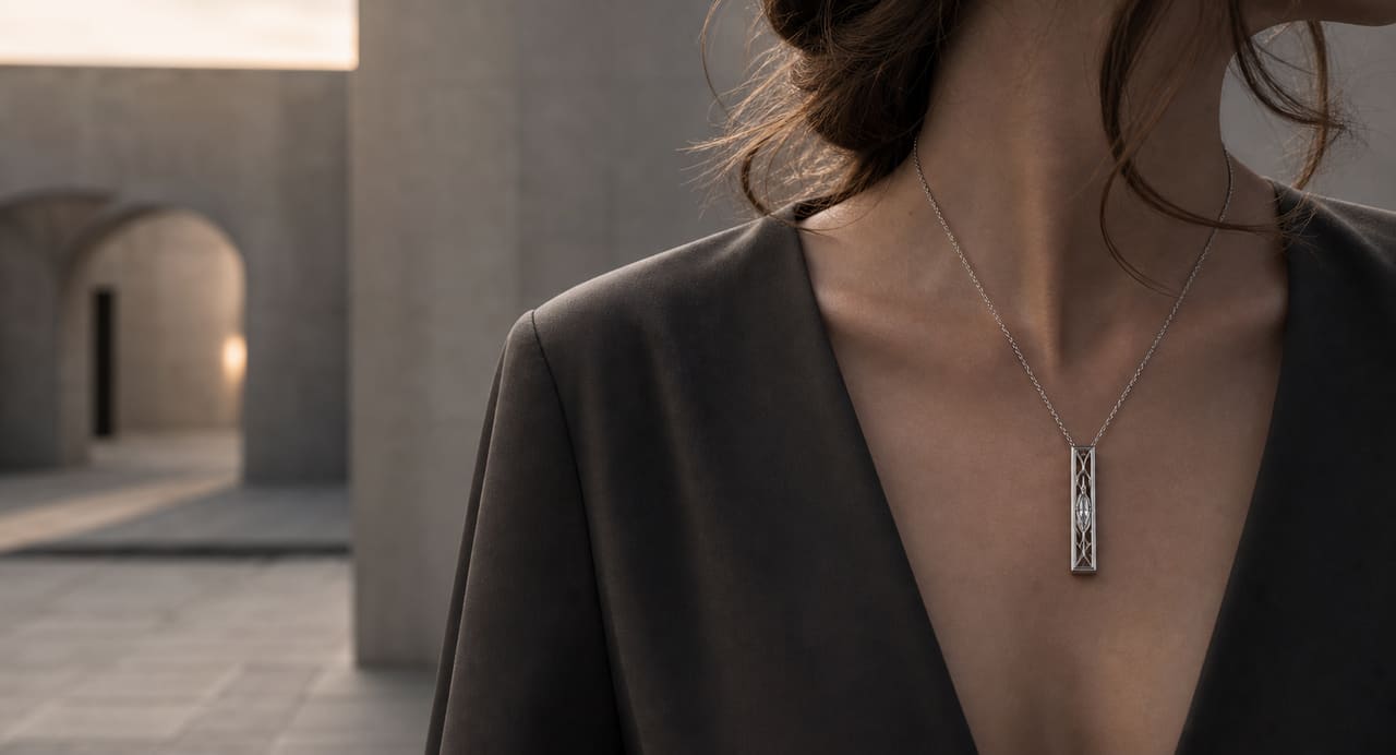 Cropped editorial view of a woman wearing the House Moonwood aperture pendant at dusk