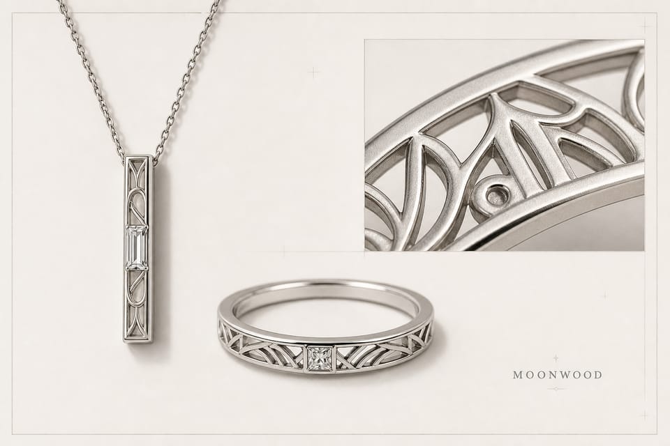 Original House Moonwood concept board with bar pendant, ring, and lattice detail
